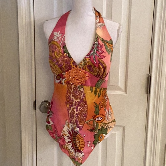 Cache Tops - Cache Vintage Multicolor Silk Halter Top w/ Embellishments